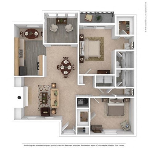Floor plan for 2 beds, 2 baths, 1355 sqft